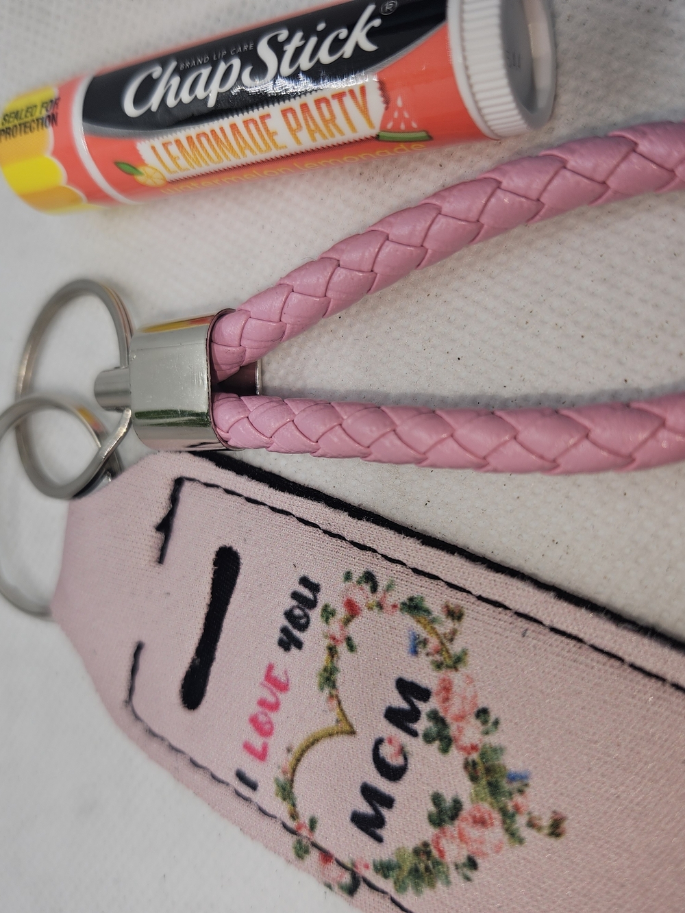 Pink Braided Keychain with Floral 'I Love You, Mom" Tag